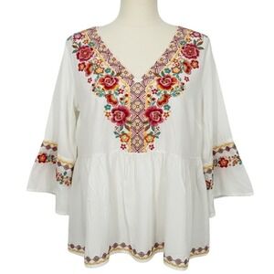 Savanna Jane Embroidered Boho Peasant Tunic Blouse Ivory 2X Bell Sleeve
